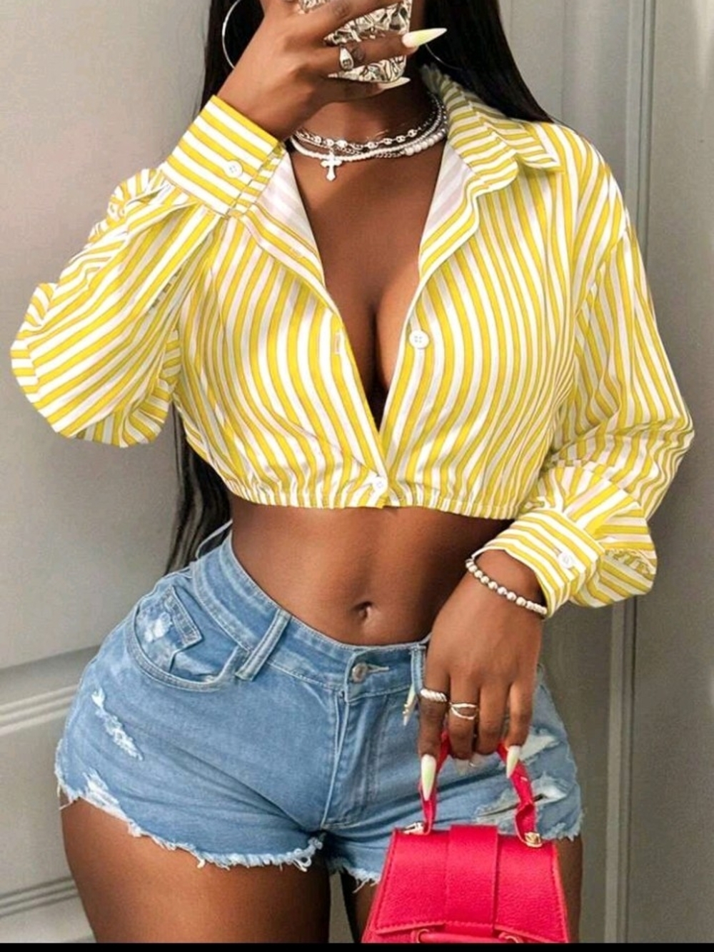 Yellow Striped Cropped Button-Down Shirt - Women's Top